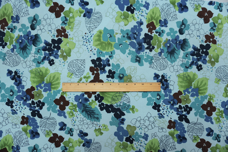1 1/2 YD PC-Turquoise-Brown Poly Floral Printed ITY Jersey Knit Fabric