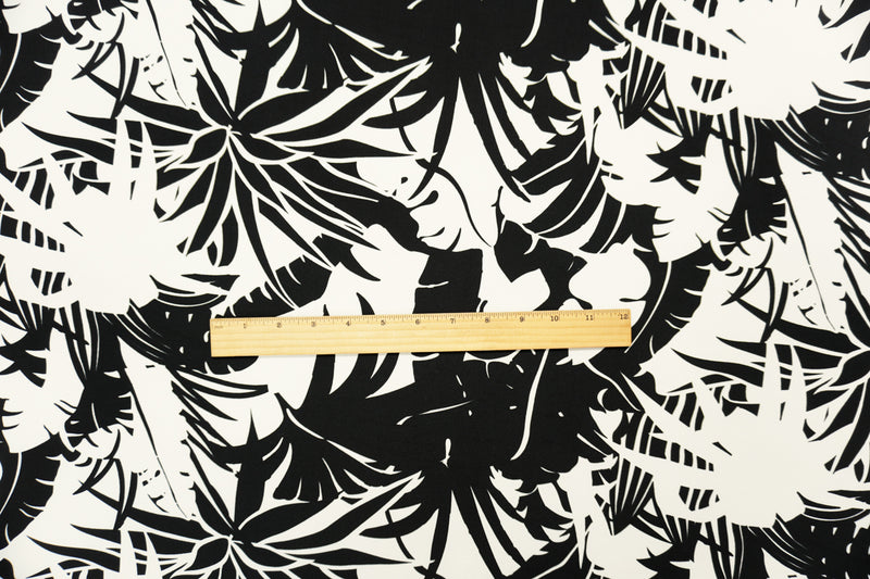 Black-White Poly Spandex Leaves Printed ITY Jersey Knit Fabric