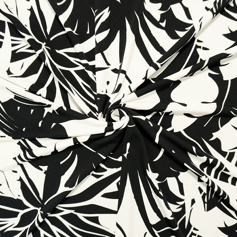 Black-White Poly Spandex Leaves Printed ITY Jersey Knit Fabric