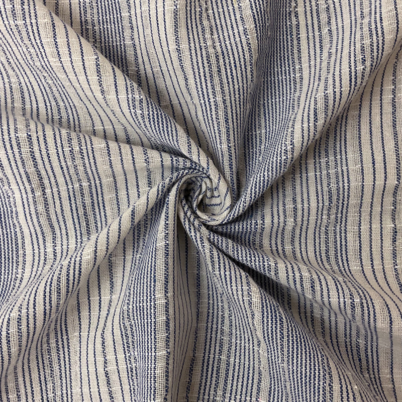 Light Beige-Blue Poly Cotton Stripe Slub Woven Fabric