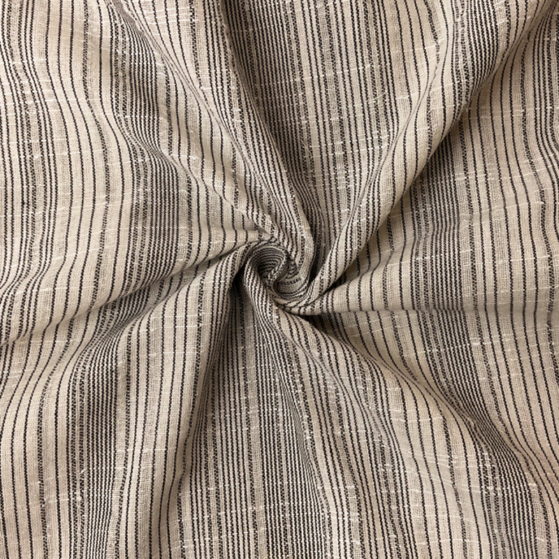 Ivory-Black Poly Cotton Stripe Slub Woven Fabric