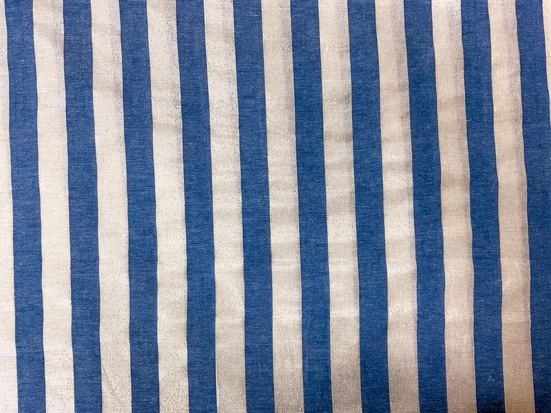 Blue-White-Silver Cotton Lurex Stripe Woven Fabric