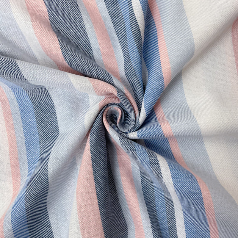 Blue-Coral-White Cotton Stripe Twill Woven Fabric