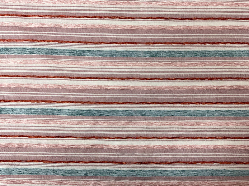 Pink-White-Teal Rayon Stripe Chenille Woven Fabric