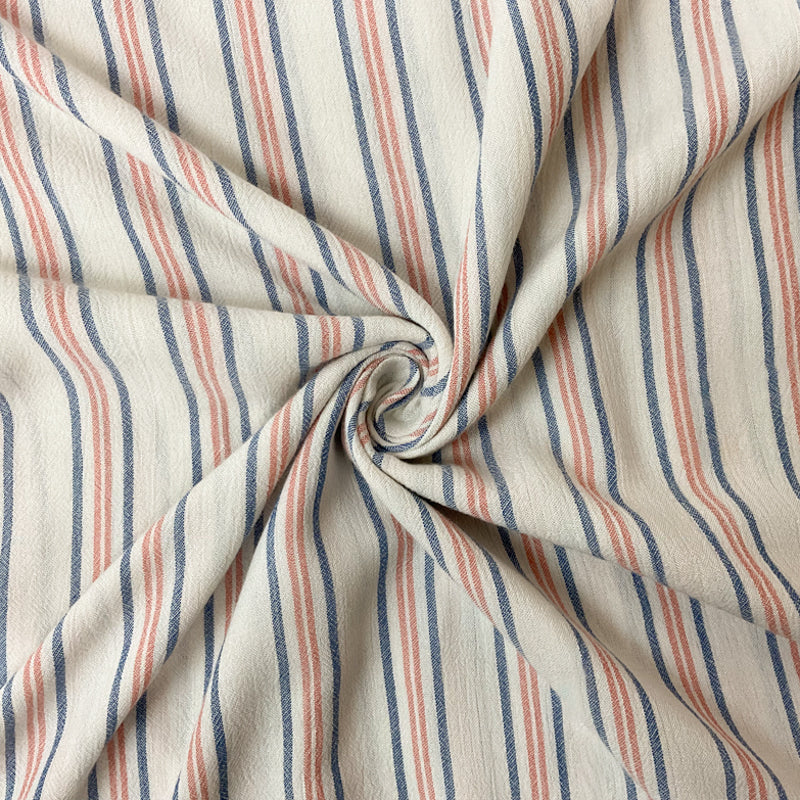 Ivory-Blue-Orange Rayon Stripe Crepon Woven Fabric