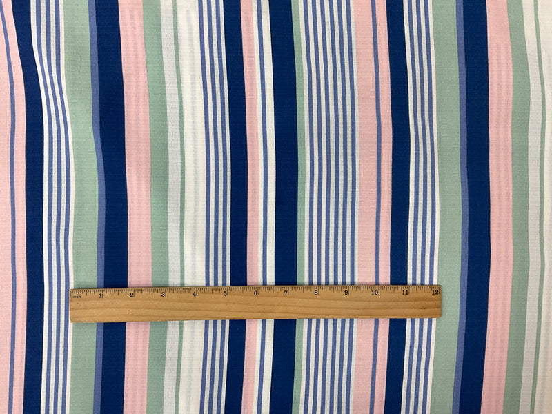 Blue-Pink-Multi Poly Striped Printed Linen-Like Woven Fabric