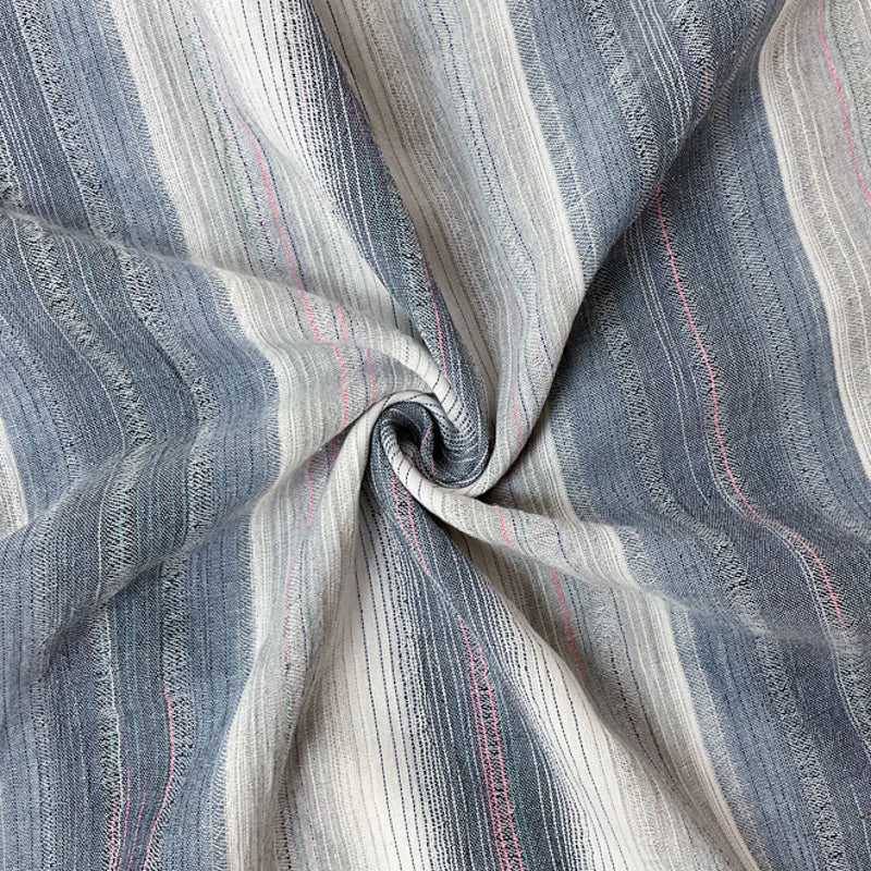 Blue-White-Multi Cotton Poly Stripe Leno Gauze Woven Fabric