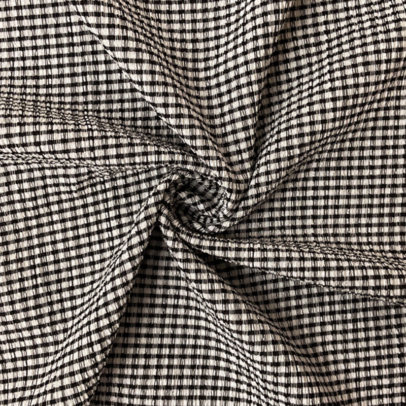 Black Poly Stretch Check-Plaid Crinkled Woven Fabric
