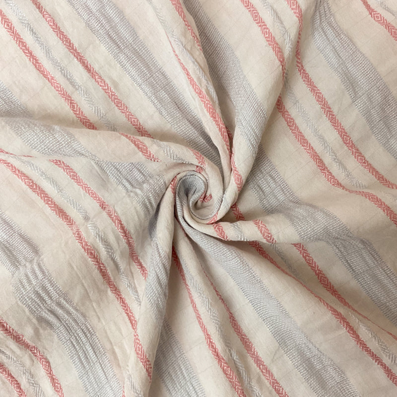 Ivory-Pink-Blue Cotton Rayon Stripe Dobby Woven Fabric