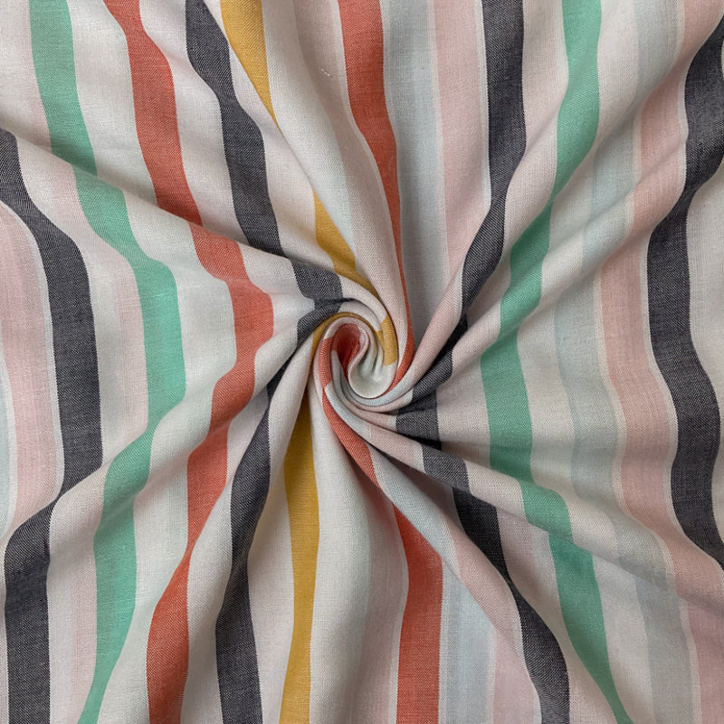 White-Pink-Green Rayon Stripe Challis Woven Fabric