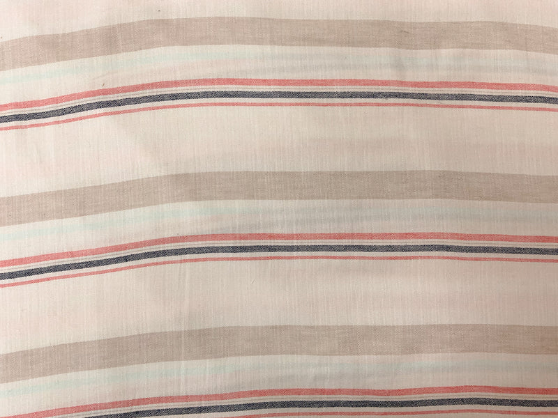 Ivory-Red-Teal Rayon-Linen Stripe Dobby Woven Fabric