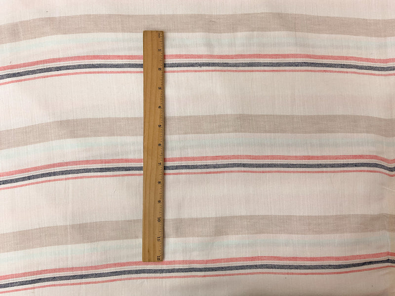 Ivory-Red-Teal Rayon-Linen Stripe Dobby Woven Fabric