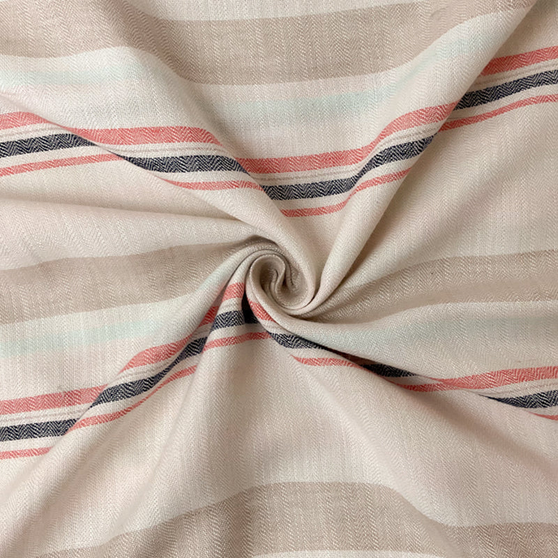 Ivory-Red-Teal Rayon-Linen Stripe Dobby Woven Fabric