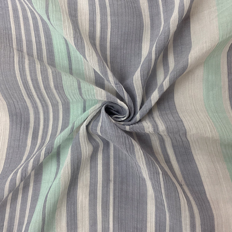 Blue-Green-Multi Cotton Stripe Crinkled Gauze Woven Fabric