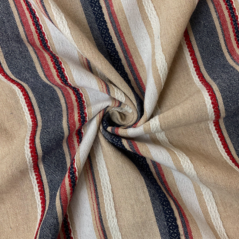 Beige-Red-Navy Poly Rayon Stripe Dobby Woven Fabric