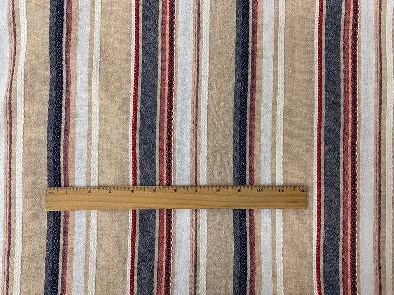 Beige-Red-Navy Poly Rayon Stripe Dobby Woven Fabric