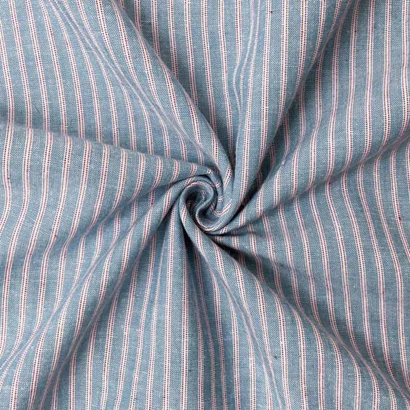 Teal-Red-White Rayon Linen Stripe Woven Fabric