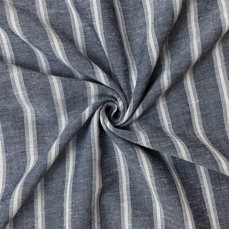 Deep Blue-White Rayon Linen Stripe Woven Fabric
