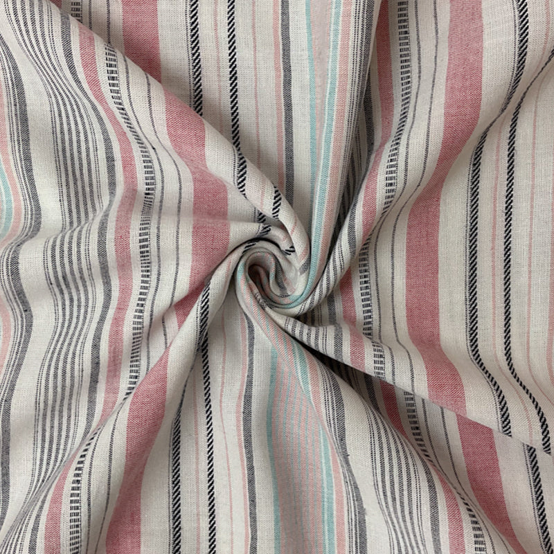 Ivory-Coral-Teal Rayon Linen Cotton Stripe Dobby Woven Fabric