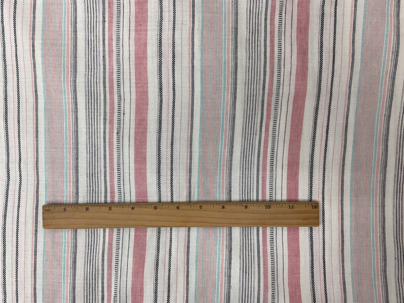 Ivory-Coral-Teal Rayon Linen Cotton Stripe Dobby Woven Fabric