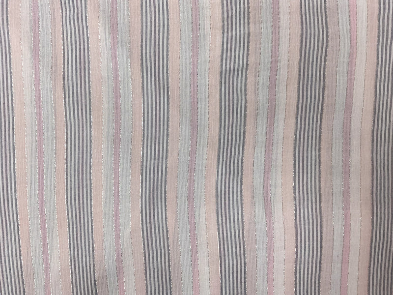 Pink-Blue-Silver Cotton Lurex Stripe Gauze Woven Fabric