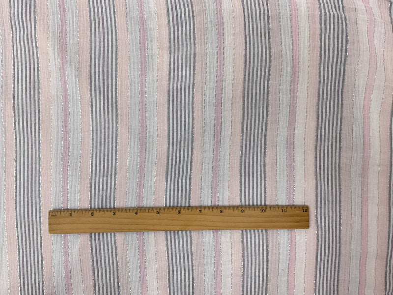 Pink-Blue-Silver Cotton Lurex Stripe Gauze Woven Fabric