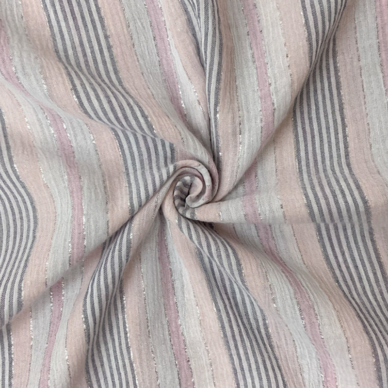Pink-Blue-Silver Cotton Lurex Stripe Gauze Woven Fabric