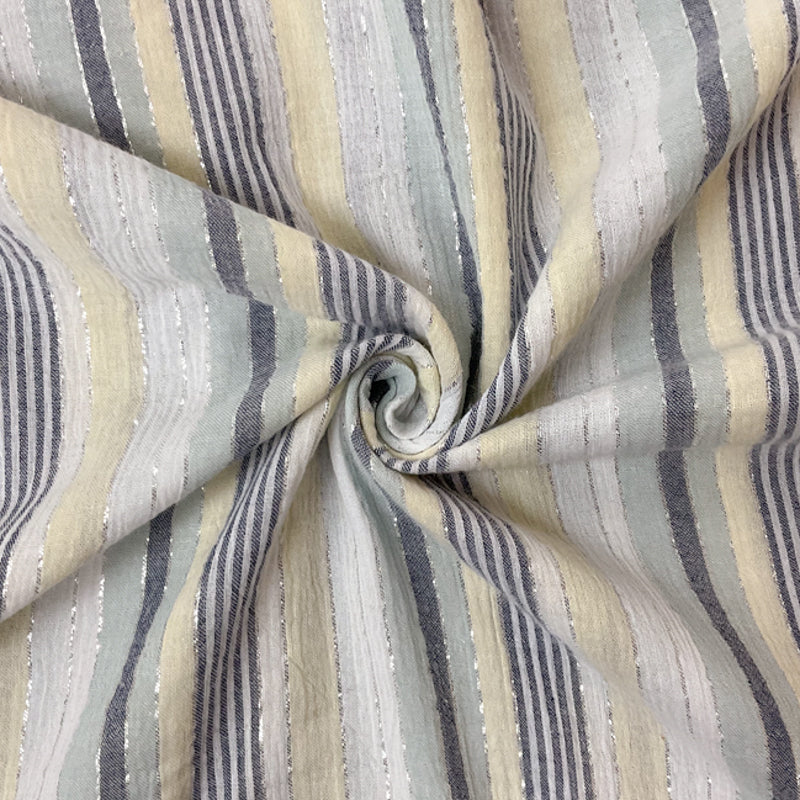 Yellow-Navy-Silver Cotton Lurex Stripe Gauze Woven Fabric