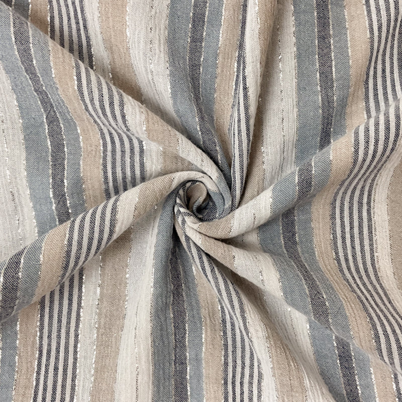 Blue-Silver-Beige Cotton Lurex Stripe Gauze Woven Fabric