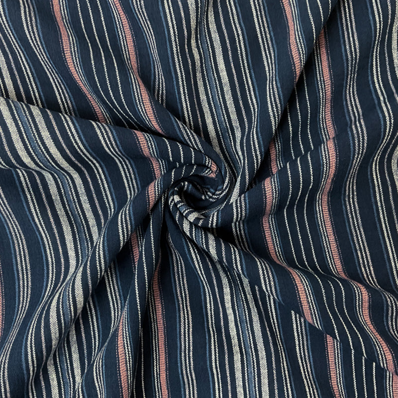 Deep Blue-Pink-Multi Rayon Stripe Crepon Woven Fabric