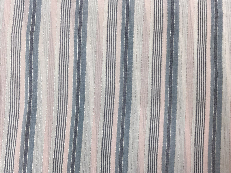 Blue-Pink-Silver Cotton Lurex Stripe Gauze Woven Fabric