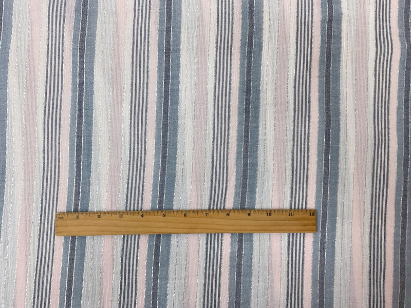 Blue-Pink-Silver Cotton Lurex Stripe Gauze Woven Fabric