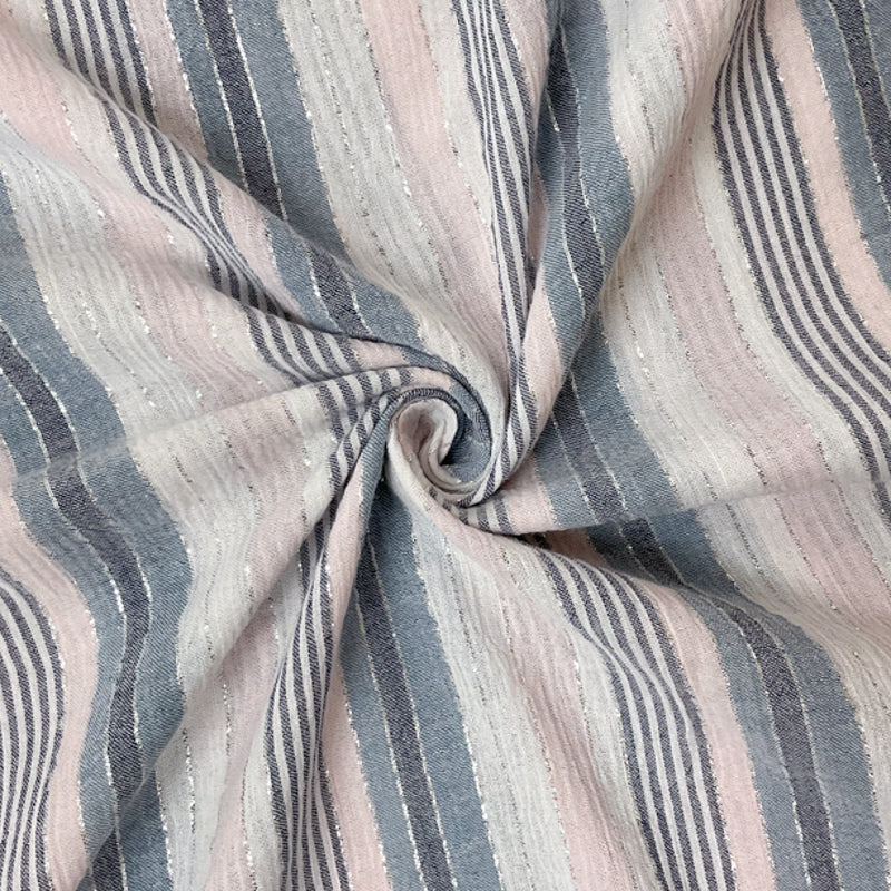 Blue-Pink-Silver Cotton Lurex Stripe Gauze Woven Fabric