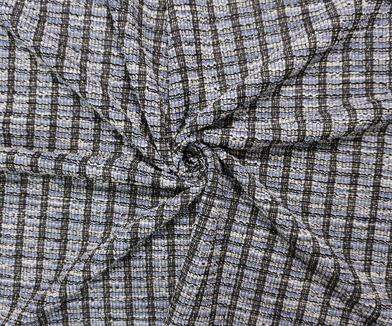 Blue-Black-Gold Poly Cotton Stripe Boucle Double Knit Fabric