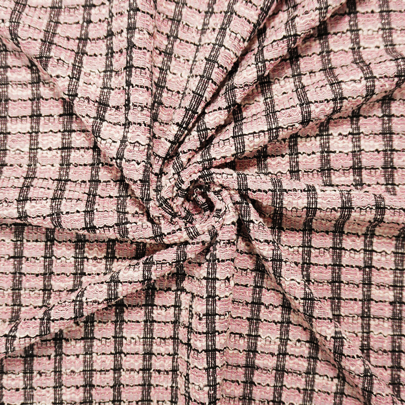 Pink-Black-Silver Poly Cotton Stripe Boucle Double Knit Fabric