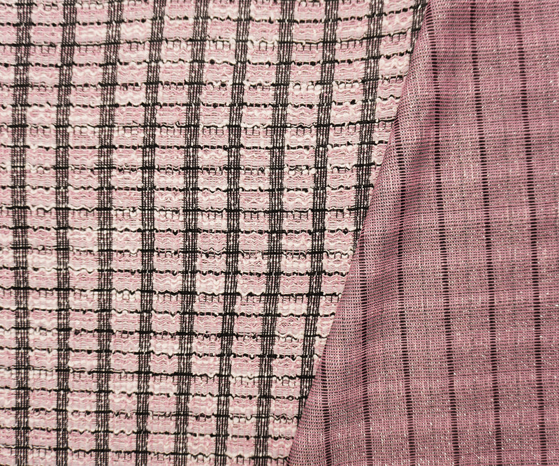 Pink-Black-Silver Poly Cotton Stripe Boucle Double Knit Fabric