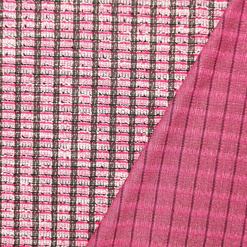 Fuchsia-Copper-Multi Poly Cotton Plaid-Check Boucle Knit Fabric