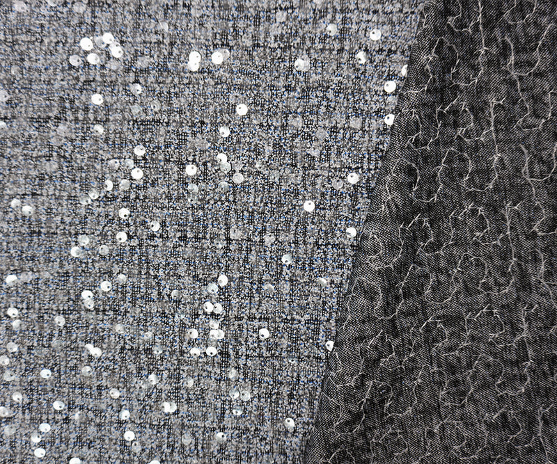 Blue-Black-Sparkle Poly Texture Boucle Sequin Knit Fabric