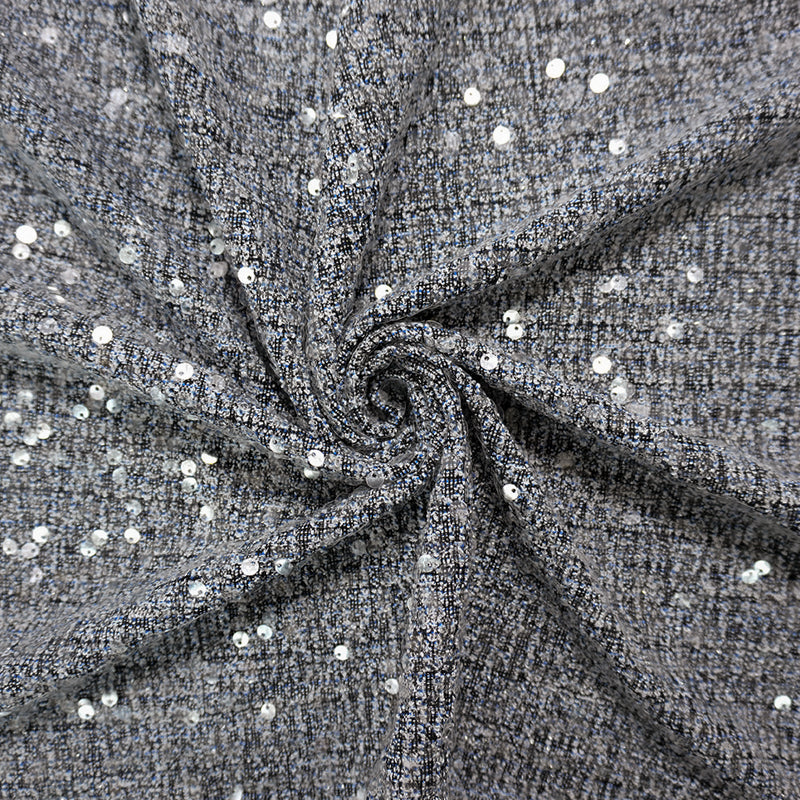 Blue-Black-Sparkle Poly Texture Boucle Sequin Knit Fabric