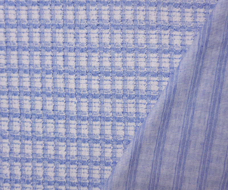 Blue-White Poly Cotton Plaid-Check Boucle Double Knit Fabric