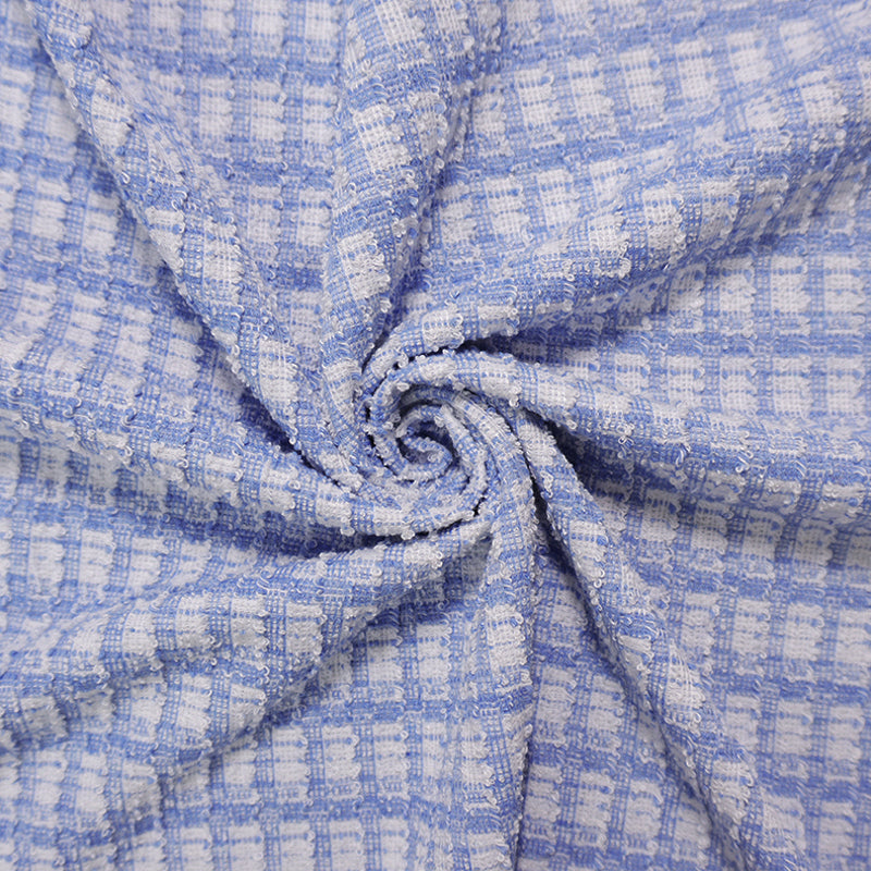 Blue-White Poly Cotton Plaid-Check Boucle Double Knit Fabric