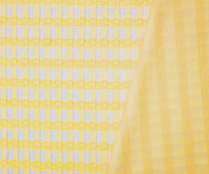 Yellow-White Poly Cotton Check Plaid Boucle Double Knit Fabric