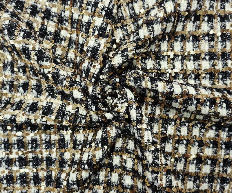 Black-Gold-Multi Poly Check Plaid Boucle Sequin Knit Fabric