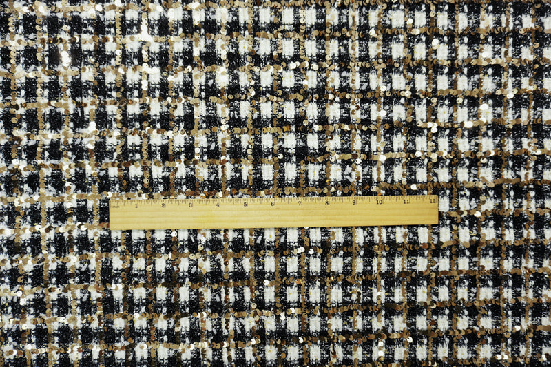 Black-Gold-Multi Poly Check Plaid Boucle Sequin Knit Fabric