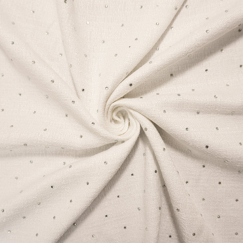 White-Silver Poly Solid Boucle Mini Rhinestone Dobby Woven Fabric
