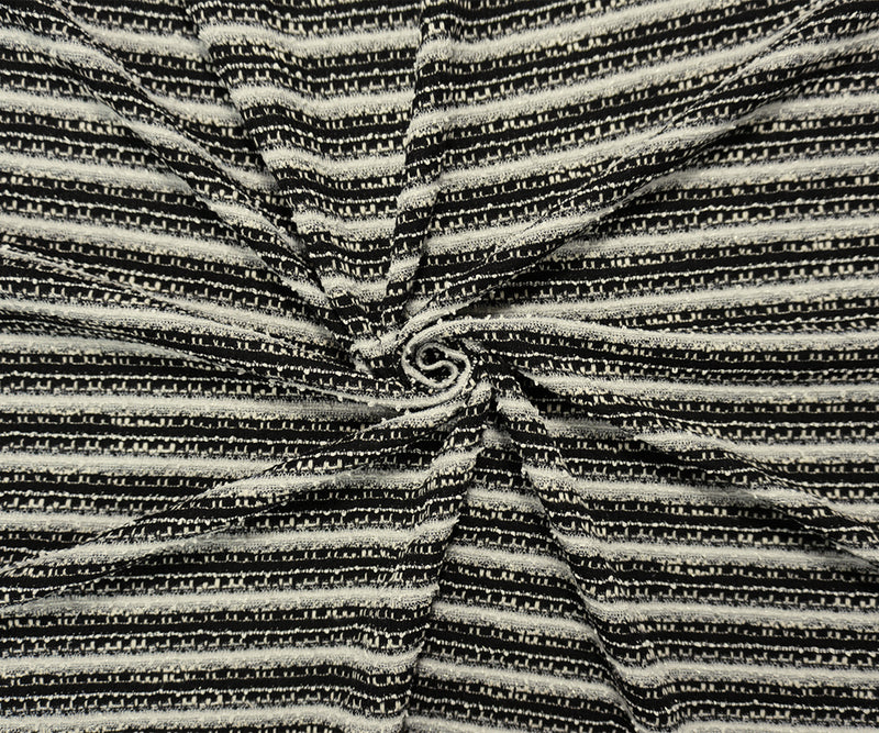 Black-White-Silver Poly Cotton Stripe Boucle Knit Fabric
