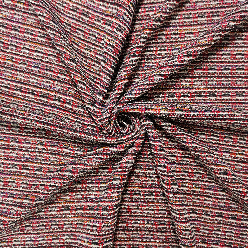 Red-Navy-Silver Poly Cotton Texture Boucle Double Knit Fabric