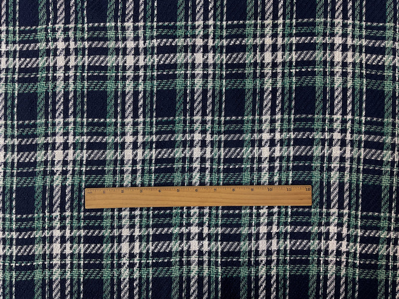 Navy-Green-White Poly Plaid Twill Woven Fabric