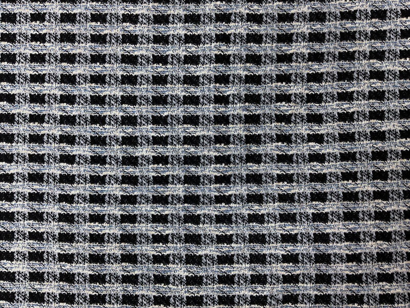 Black-Blue-Gold Poly Cotton Blend Check Boucle Double Knit Fabric