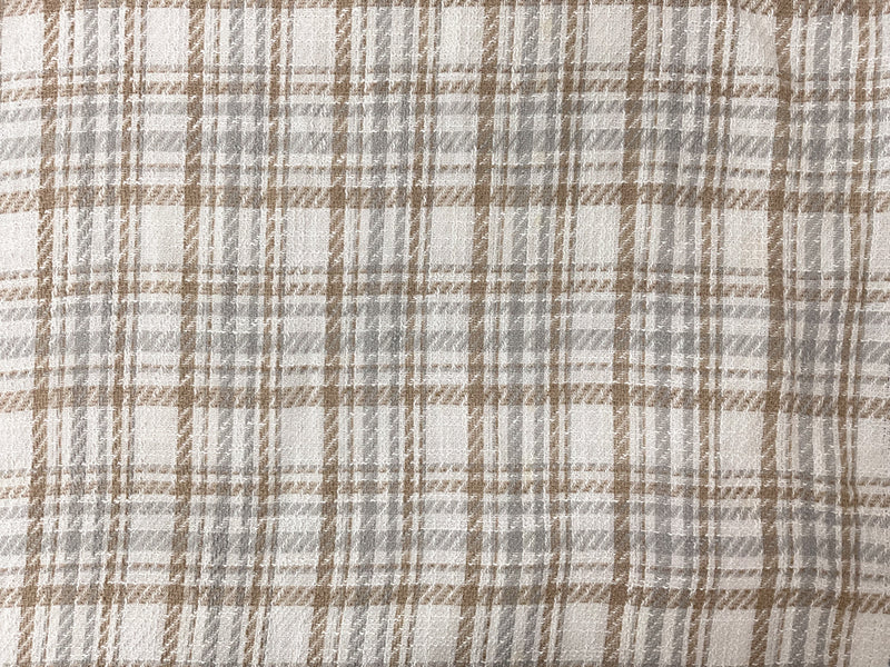 White-Gray-Taupe Poly Plaid Twill Woven Fabric